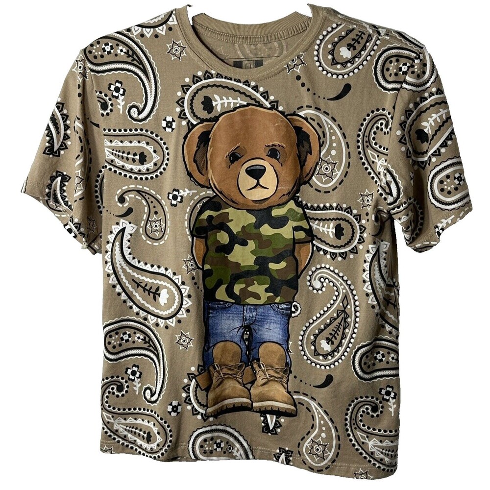 Hustle Shirt Boys Size M 10-12 Beige Paisley Camo Jeans & Boots Bear Poly Blend